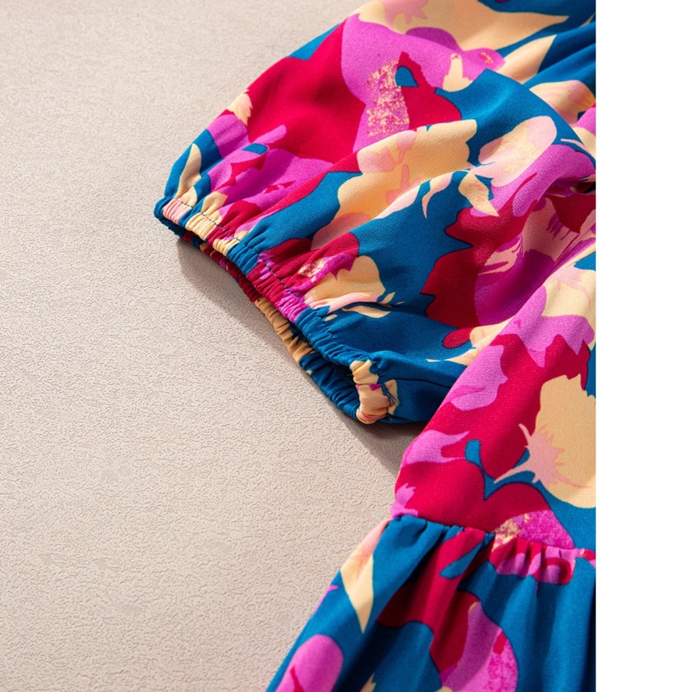 CLEARANCE! Blue Floral Bubble Sleeve Flowy Back Zip Square Neck Midi Dress! - Picture 10 of 11